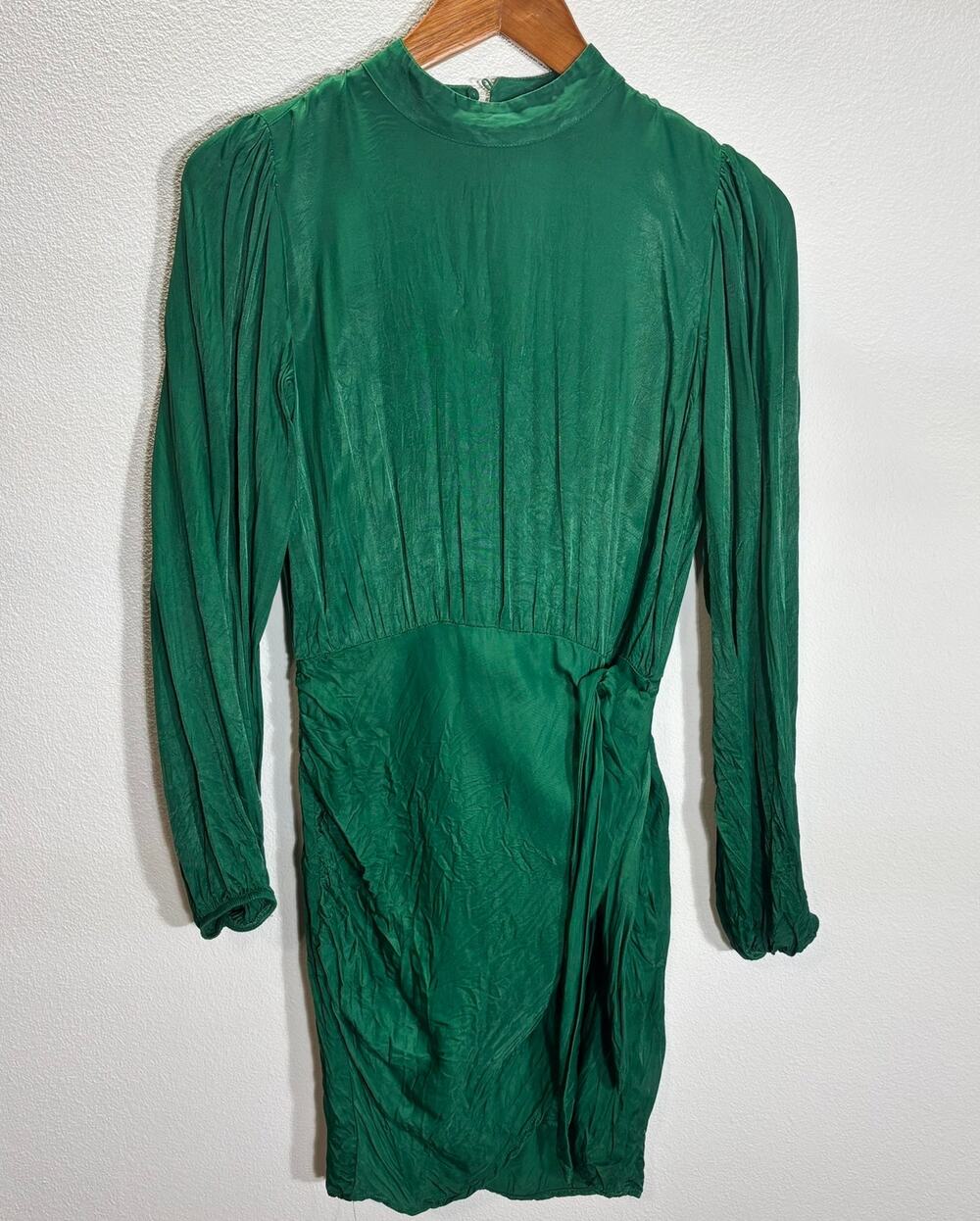 Zara Green Long Sleeve Midi Dress Tie Waist Pleated Mock Neck Size S